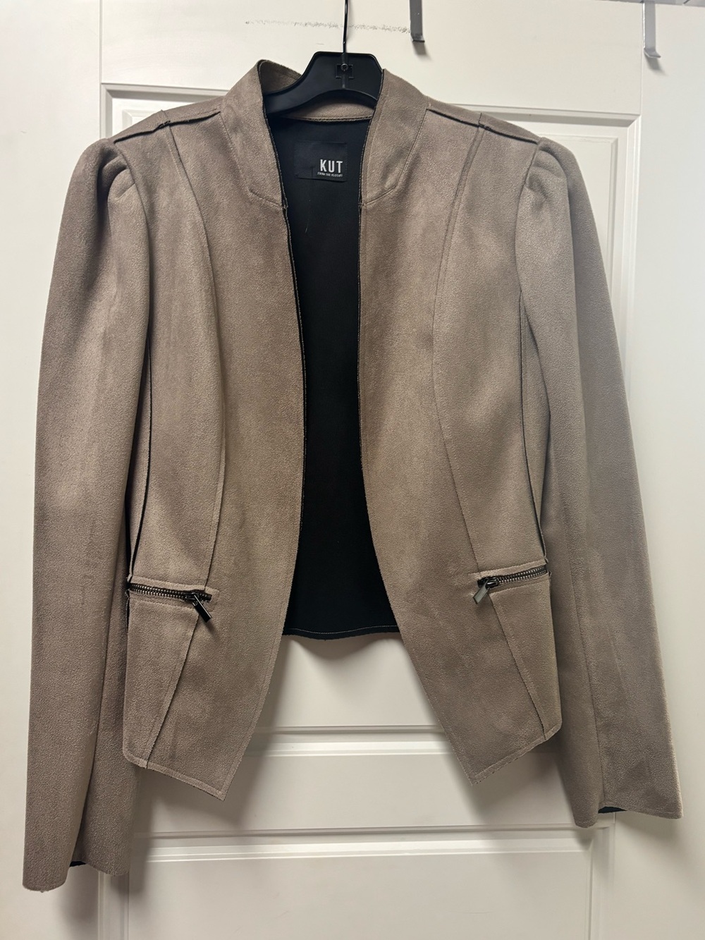 Kut from the Kloth Taupe Faux Suede Zip-Pocket Open Blazer